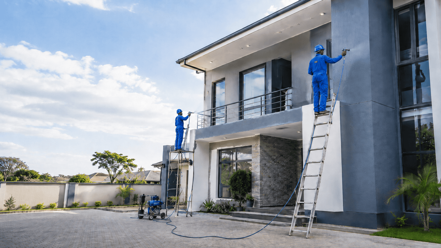 Professional painters in blue overalls spray painting a modern residential exterior