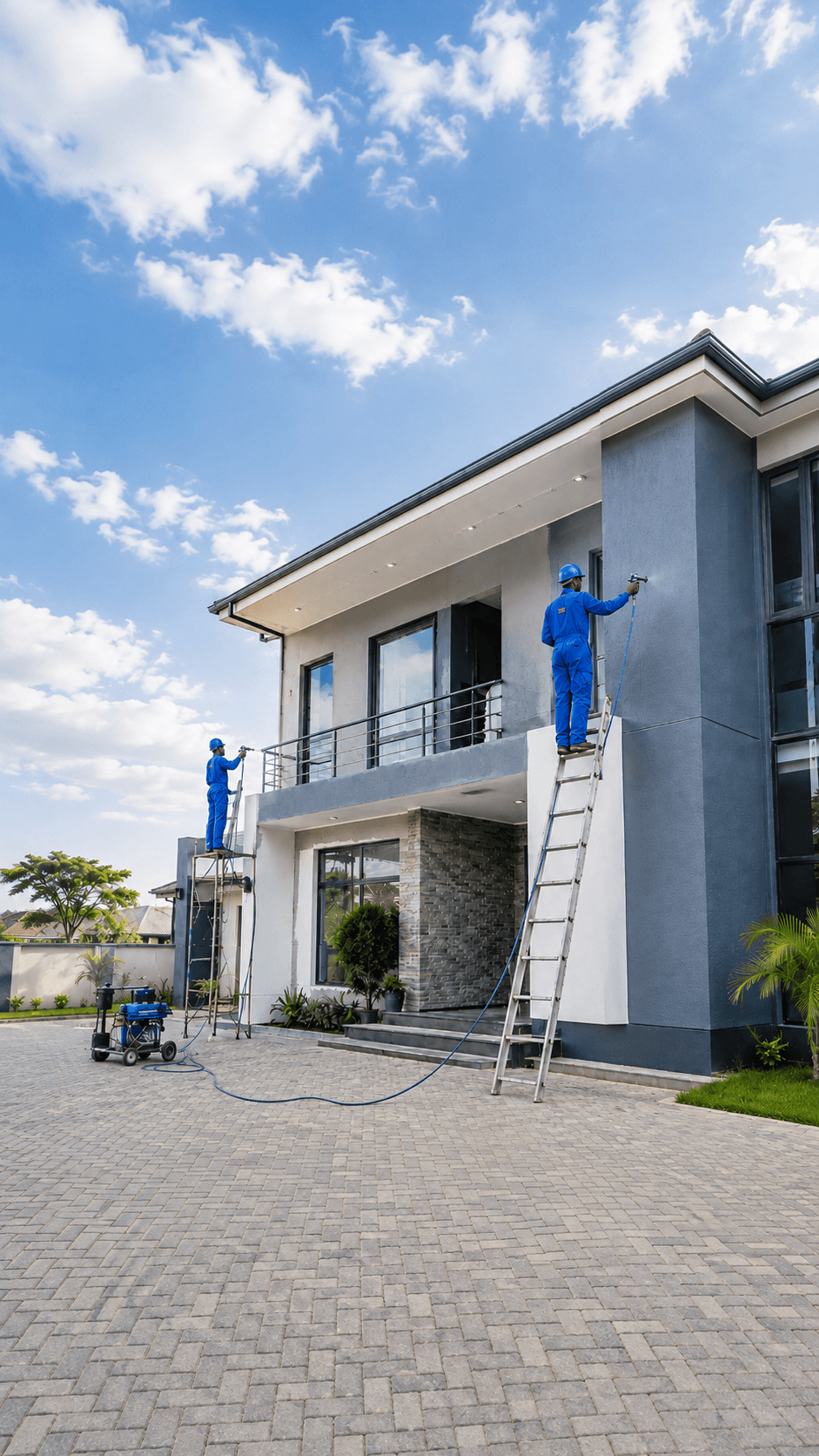 Professional painters in blue overalls spray painting a modern residential exterior